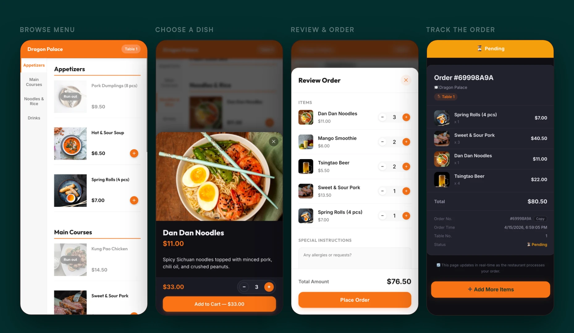 The qrew guest flow on four phones: browse the menu, choose a dish, review the order, track the order