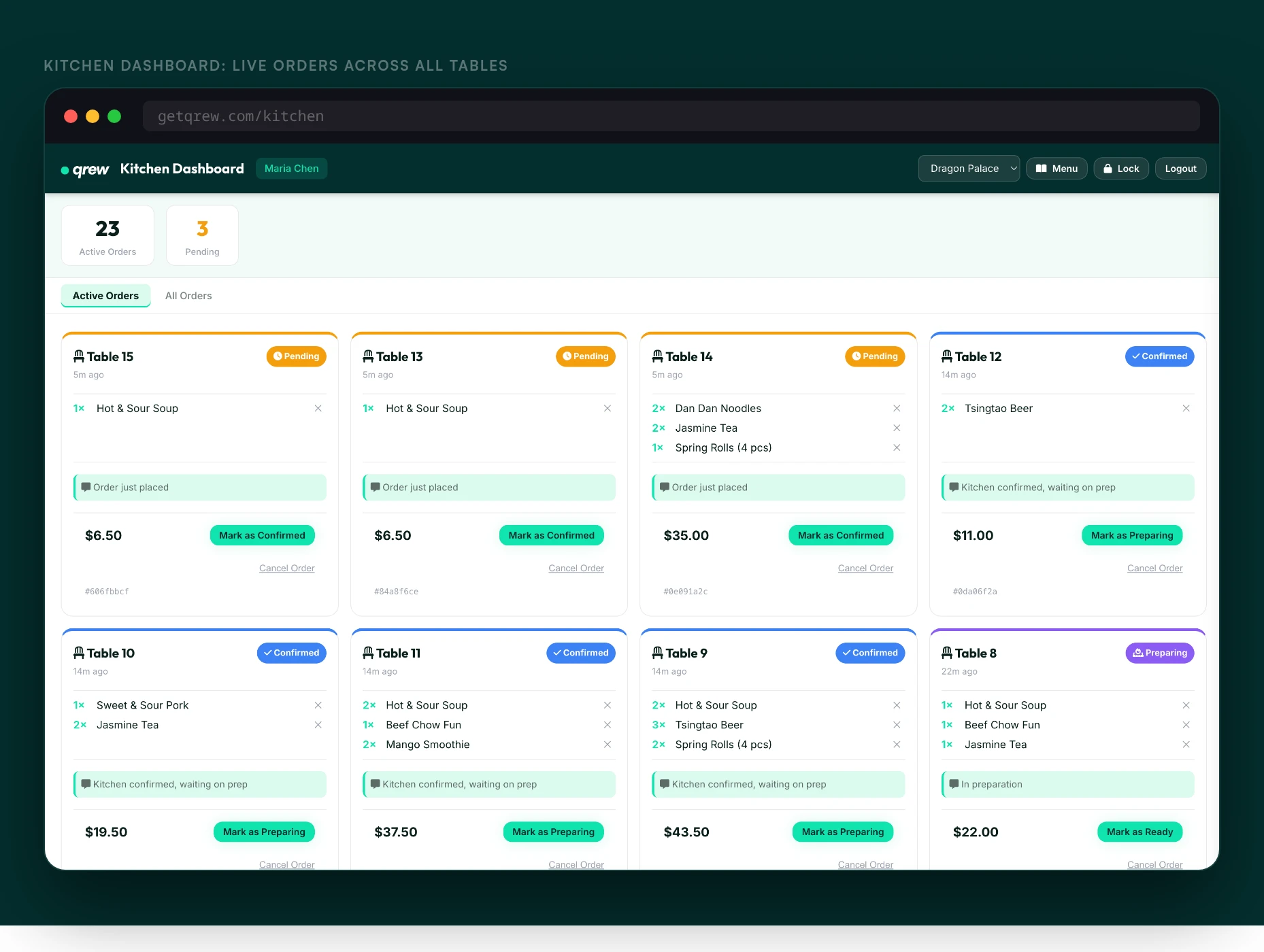 qrew kitchen dashboard with live orders for every table