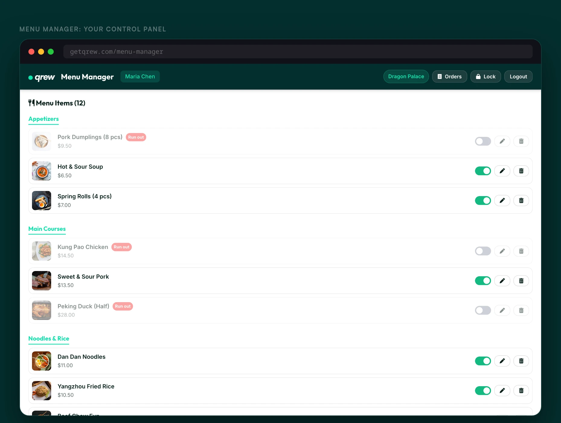 qrew menu manager with dishes, prices, and availability toggles